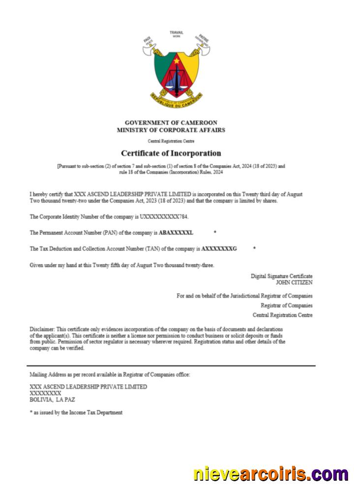 Cameroon   certificate of registration